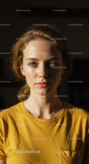 Portrait of a Young Woman with Green Eyes in Yellow T-Shirt