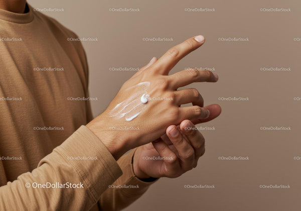 Close-up of a hand with skin moisturizer and white background