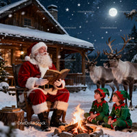 Santa Claus Reading by Fire with Elves and Reindeer