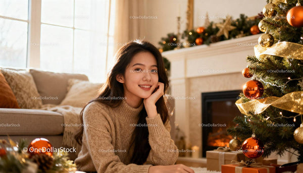 Relaxed young woman enjoying cozy Christmas at home