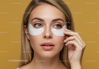 Beautiful Woman Applying Under-Eye Patches on Yellow Background