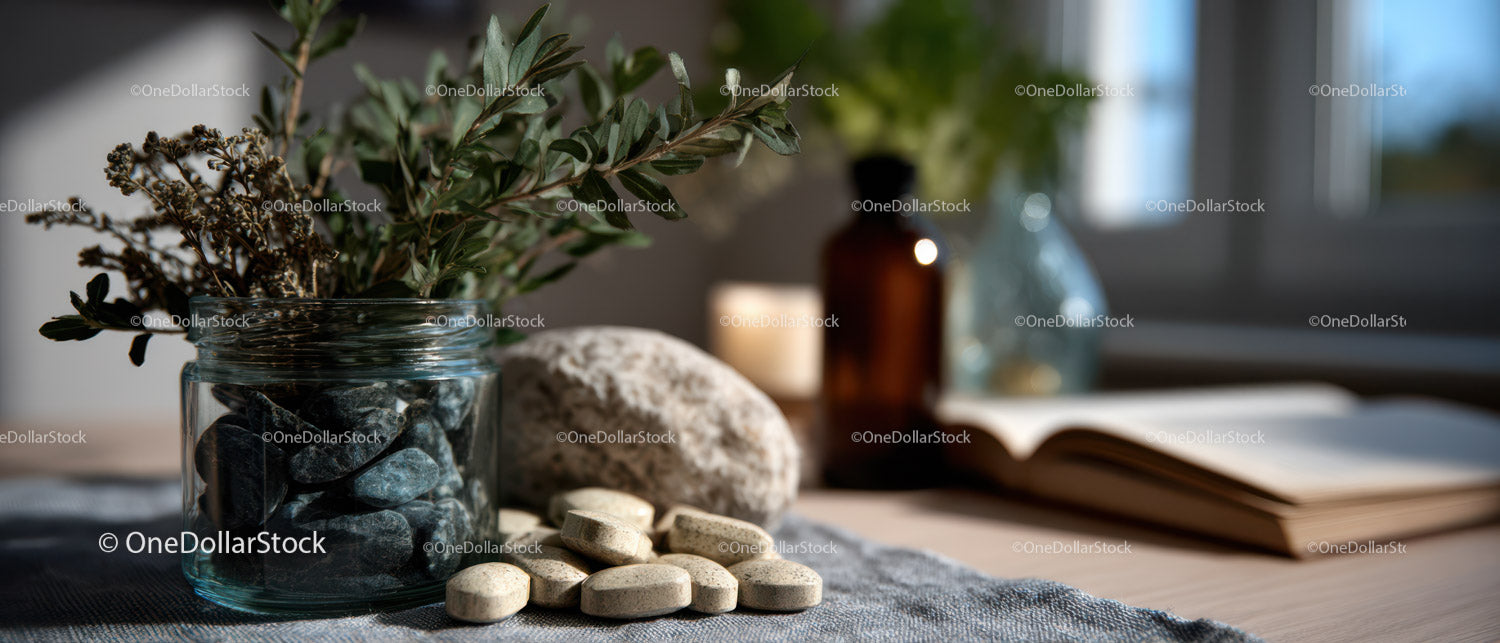 Decorative Green Foliage with Stones and Open Book in Cozy Interior