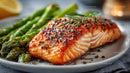 Grilled Salmon Fillet with Asparagus on White Plate in Gourmet Setting