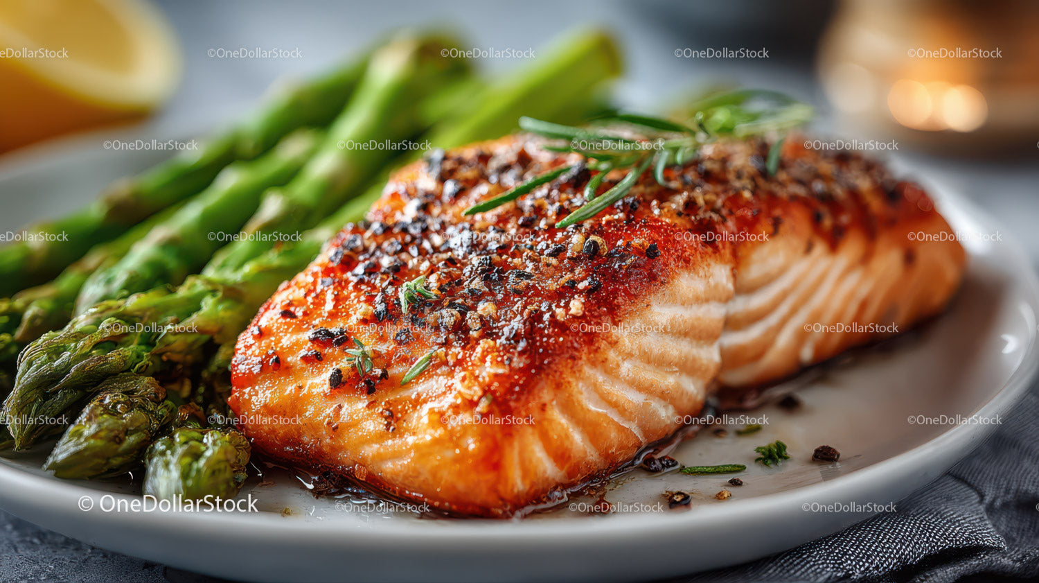Grilled Salmon Fillet with Asparagus on White Plate in Gourmet Setting