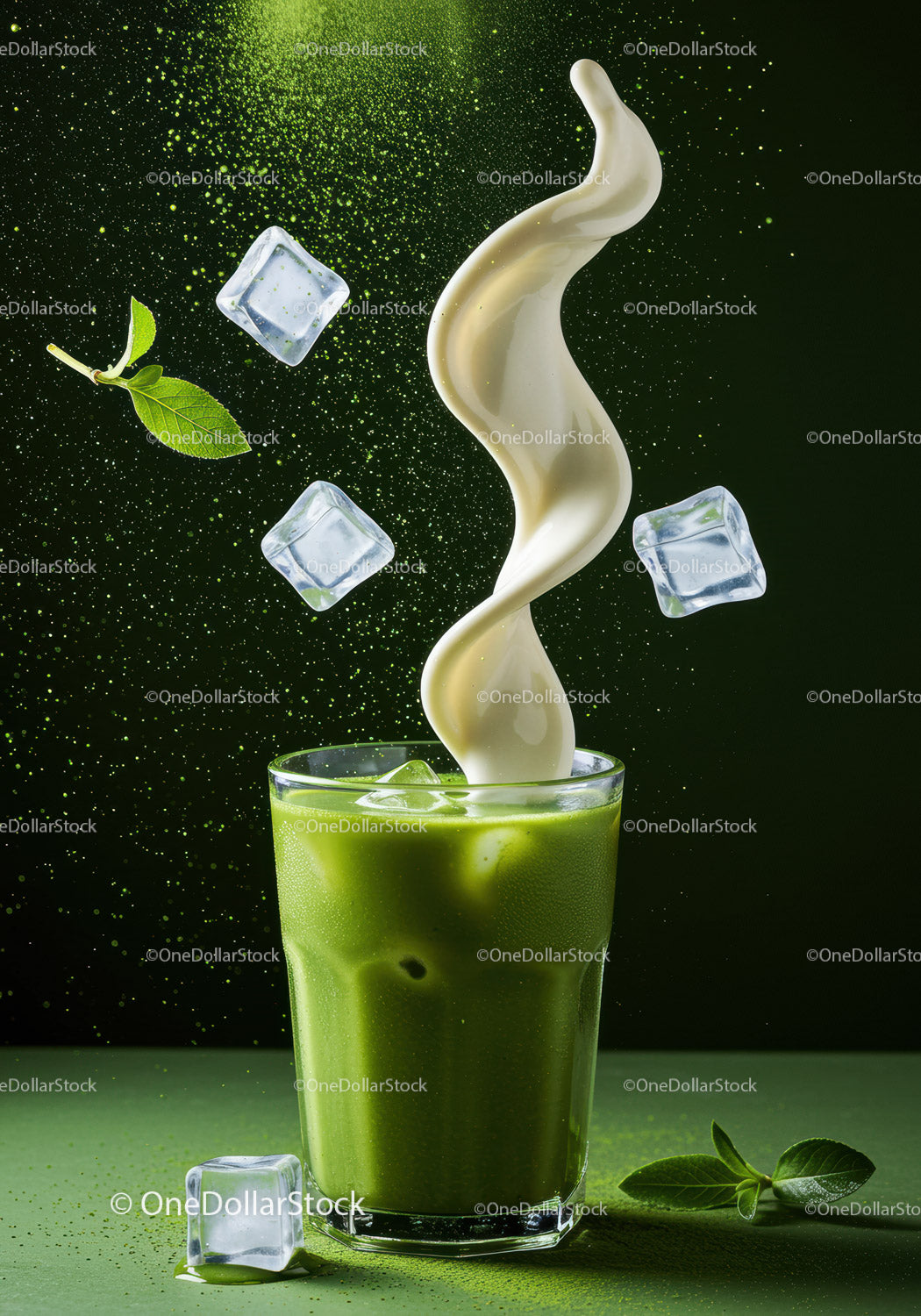 Iced matcha latte with cream splash and mint leaves