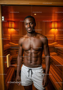 Young Man Relaxing Shirtless in Sauna with Wooden Interior