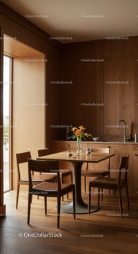 Modern Wooden Kitchen with Dining Table and Flower Vase