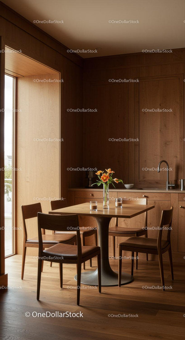 Modern Wooden Kitchen with Dining Table and Flower Vase