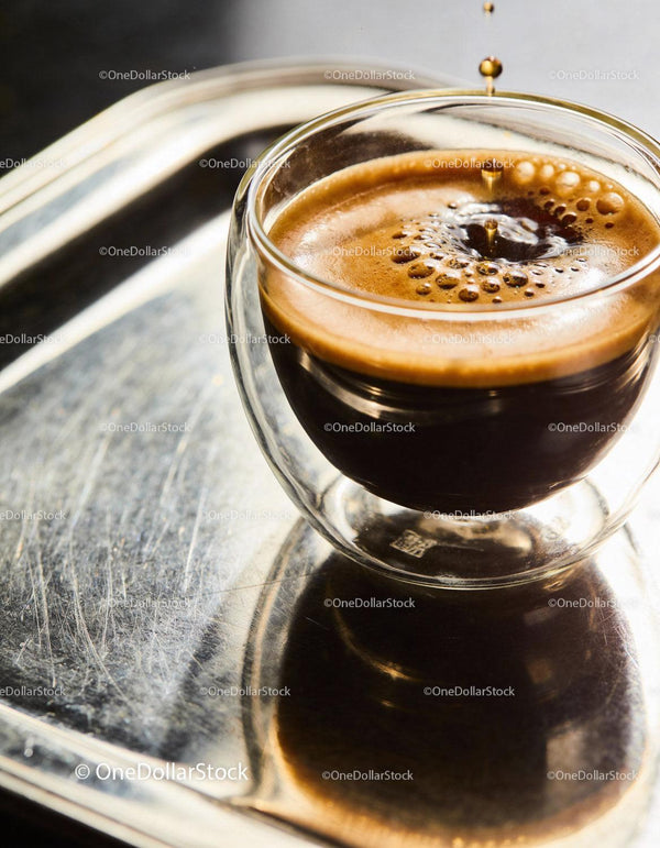 Aromatic Espresso Shot Brewing in Glass Cup on Metal Tray