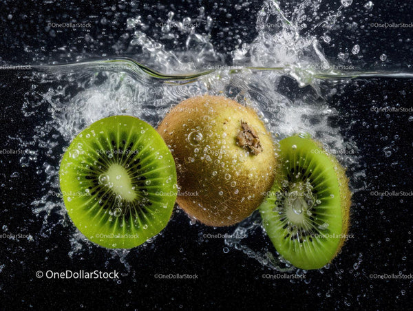 Fresh Kiwi Fruit Slices Splashing into Water in Vibrant Splash Photography