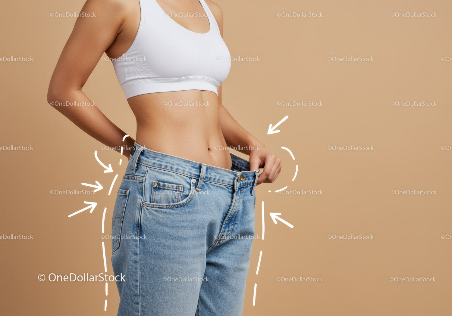 Woman in White Sports Bra and Oversized Jeans Measuring Waist