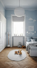 Bright Kids Bedroom with Cloud Wall Art and Wooden Toys