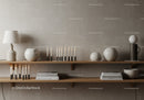 Minimalist candles and decor on rustic wooden shelves