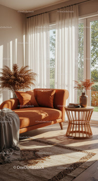 Sunlit cozy living room with orange sofa and natural decor