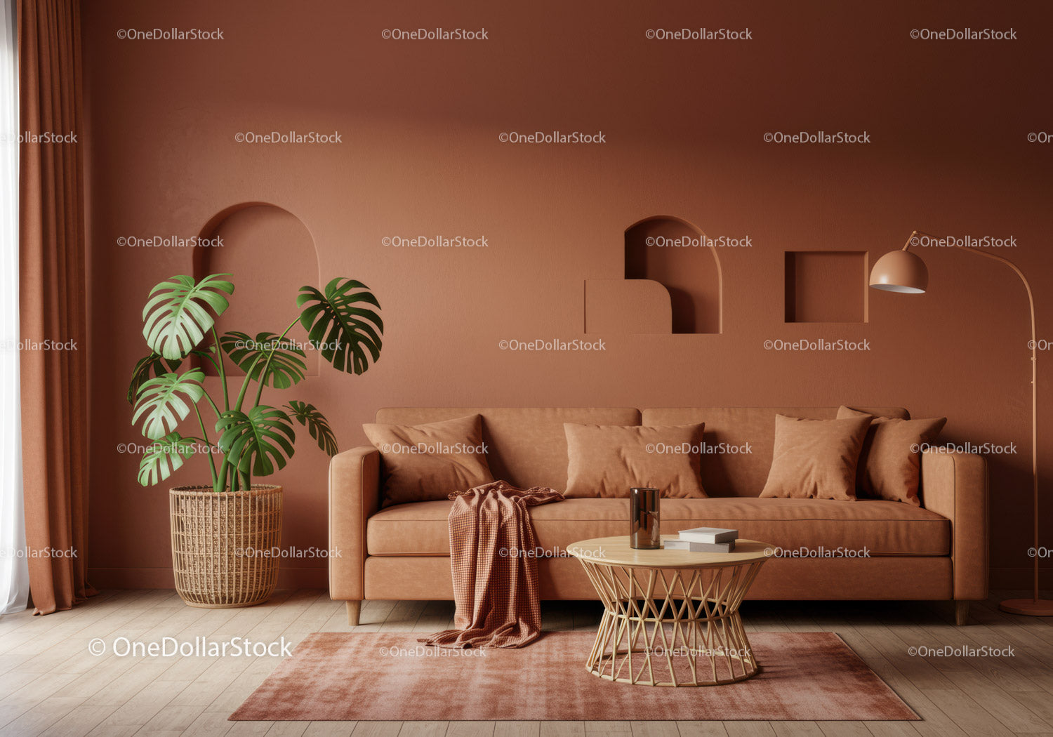 Nowoczesny salon z rośliną Monstera i różowymi ścianami