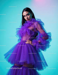 Vibrant Purple Tulle Dress Fashion Model in Studio