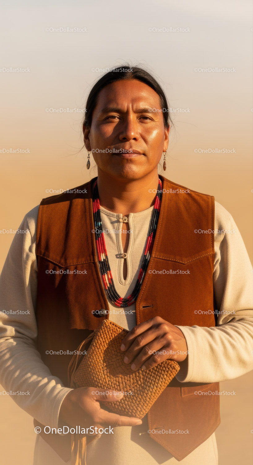 Portrait of a Native Woman in Traditional Clothing in Desert Landscape