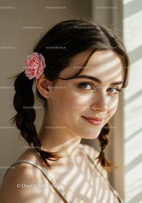 Young Woman with Braided Hair and Pink Flower in Natural Sunlight