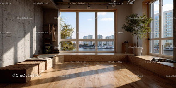Bright Urban Living Room with Large Windows and City View