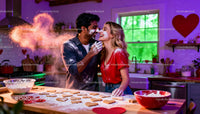Couple Playfully Baking Heart Cookies in Cozy Kitchen