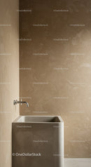 Minimalist Concrete Sink in Cozy Beige Interior with Textured Wall