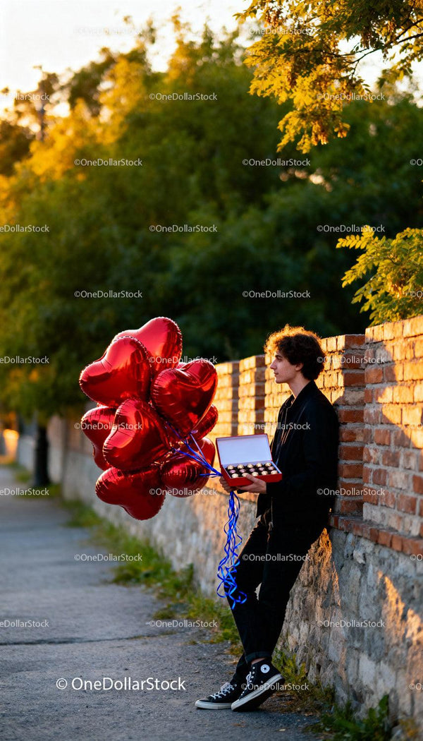 Young Man Holding Heart Balloons and Chocolates Outdoors