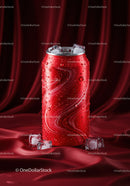 Chilled Red Beverage Can with Ice Cubes on Satin Fabric