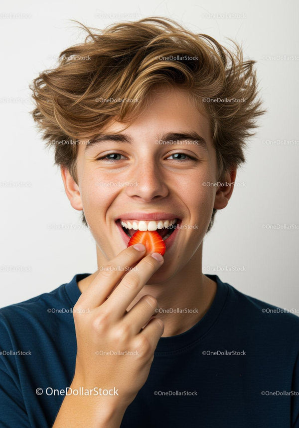 Joyful Teen Eating Fresh Strawberry with Bright Smile