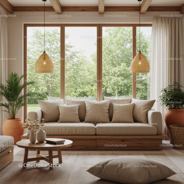 Cozy beige sofa by large window with natural light