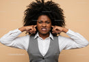 Frustrated Woman Covering Ears with Annoyed Expression