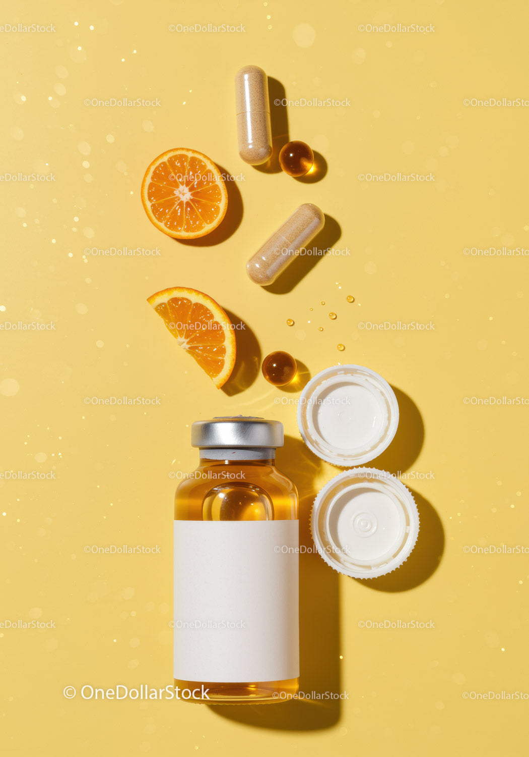 Vitamin C supplement bottle with fresh orange slices