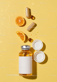 Vitamin C supplement bottle with fresh orange slices