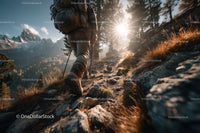 Mountain Climber Hiking along Rocky Trail in Scenic Wilderness