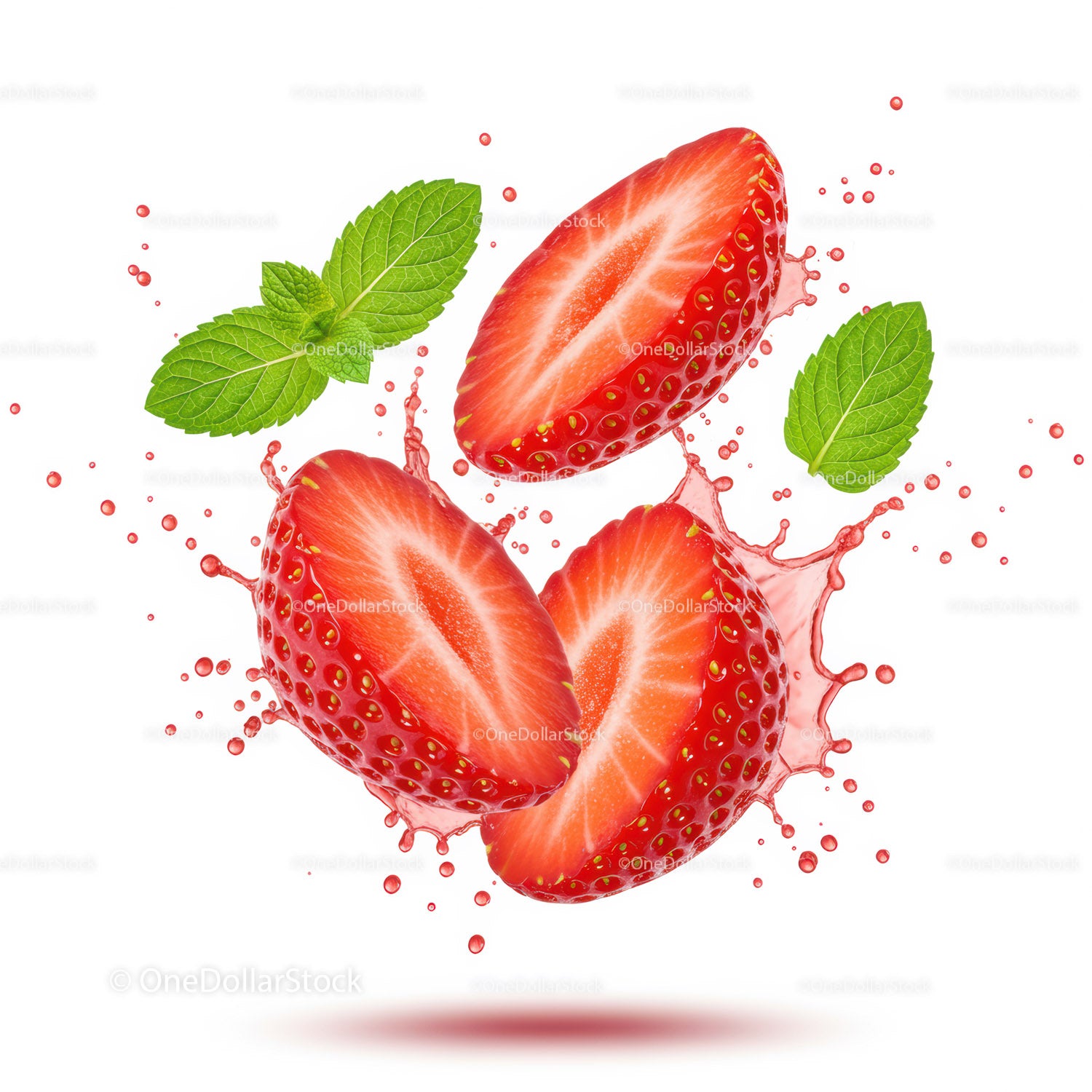 Fresh Strawberry Slices with Mint Leaves and Splash