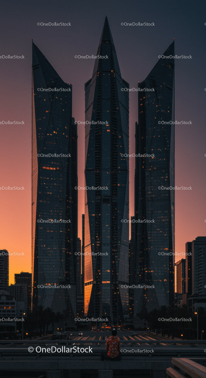 Person gazing at futuristic skyscrapers at sunset