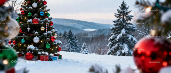 Snow-Covered Christmas Tree with Gifts in Winter Landscape
