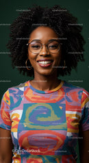 Vibrant Woman with Afro Hair Smiling Portrait in Colorful Dress
