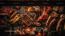 Assorted Grilled Meats on BBQ Grill with Fire and Coals
