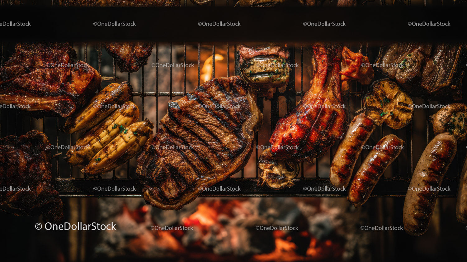 Assorted Grilled Meats on BBQ Grill with Fire and Coals