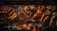Assorted Grilled Meats on BBQ Grill with Fire and Coals