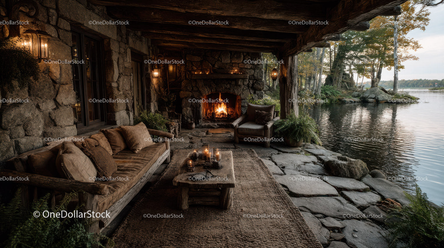 Rustic Riverside Cabin with Stone Fireplace Surrounded by Autumn Foliage
