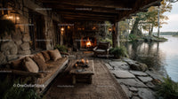 Rustic Riverside Cabin with Stone Fireplace Surrounded by Autumn Foliage