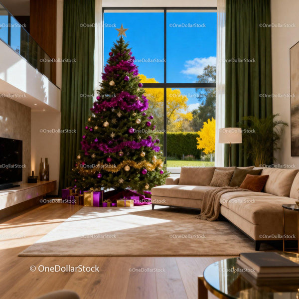 Modern Living Room with Festive Christmas Tree Decor