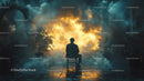 Silhouetted Man Facing Explosive Firestorm in Urban Night Scene