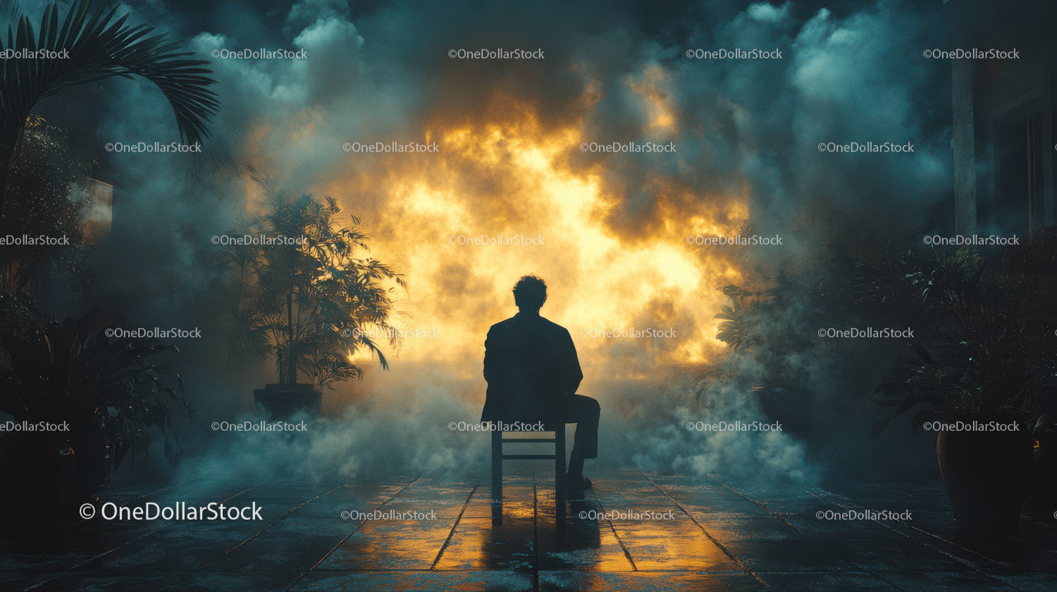 Silhouetted Man Facing Explosive Firestorm in Urban Night Scene