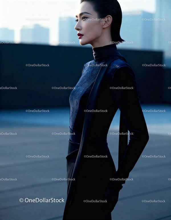 Elegant woman in dark dress standing outdoors in city