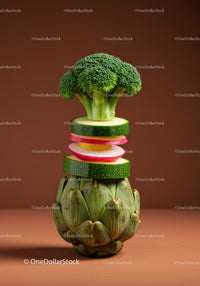 Creative stack of fresh vegetables on brown background
