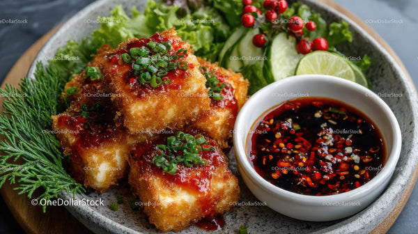 Crispy Fried Chicken with Sweet Chili Sauce and Fresh Salad