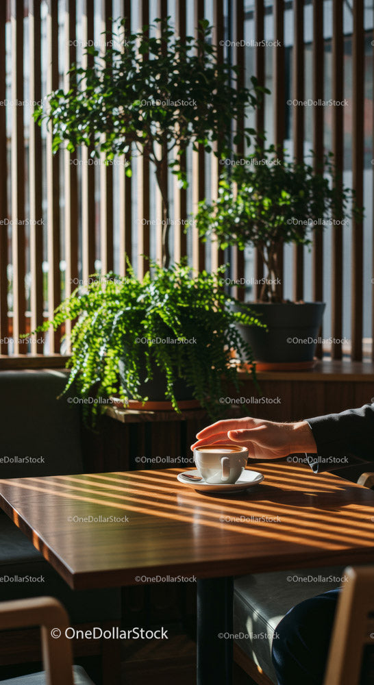 Hand Holding Coffee Cup in a Cozy Cafe Surrounded by Plants (18 Images)