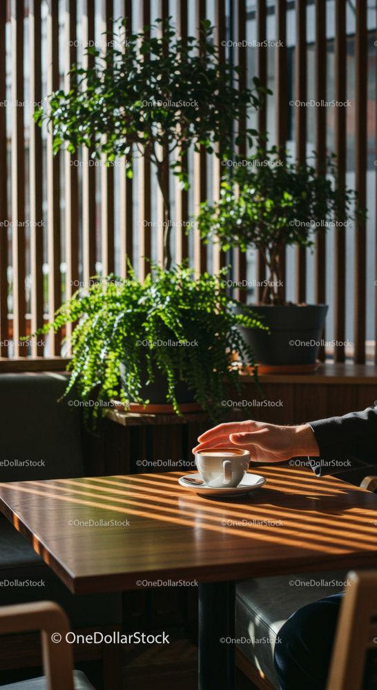 Hand Holding Coffee Cup in a Cozy Cafe Surrounded by Plants Stock Photo Bundle (18 JPG Files)